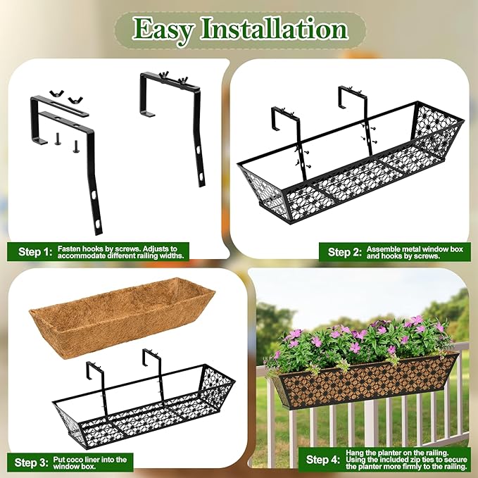 SPECILITE 30" Window Boxes Planters, Heavy Duty Metal Railing Planter Boxes, Adjustable Balcony Planters for Railing Hanging, with Coco Liner & Tool Set for Deck, Porch, and Patio Gardening (6 Pack)