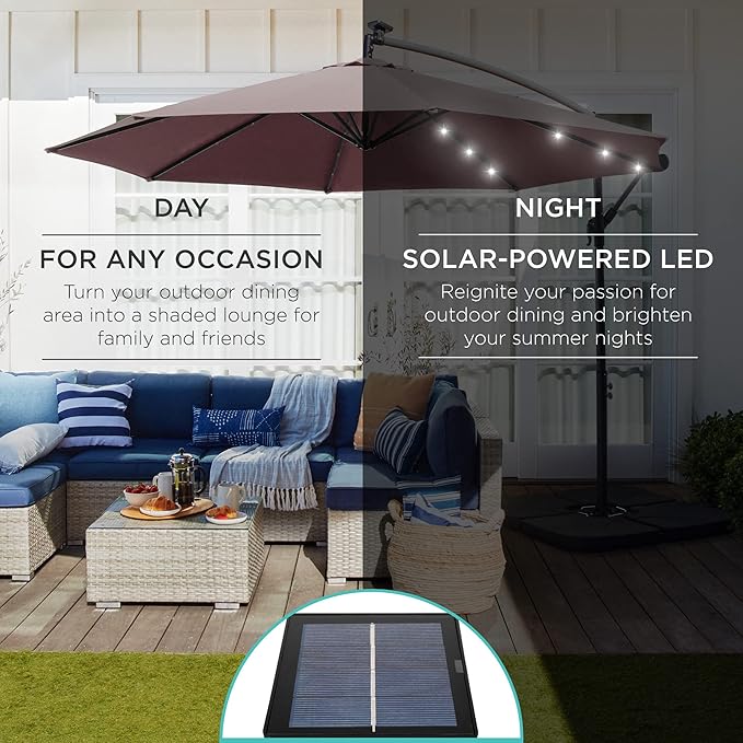 Best Choice Products 10ft Solar LED Offset Cantilever Hanging Market Patio Umbrella, 8 Sturdy Ribs, Easy Adjustment - Deep Taupe