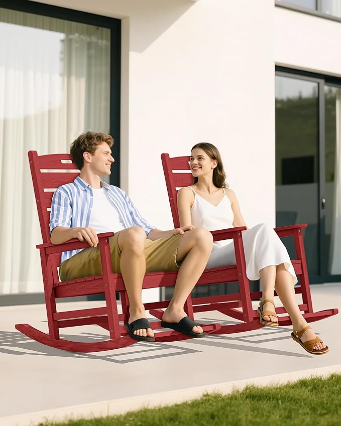 SERWALL Outdoor Rocking Chair, Oversized Rocking Chair with Footrest for Adults, HDPE All Weather Resistant Rocking Chairs for Patio, 350lbs Weight Capacity, Red