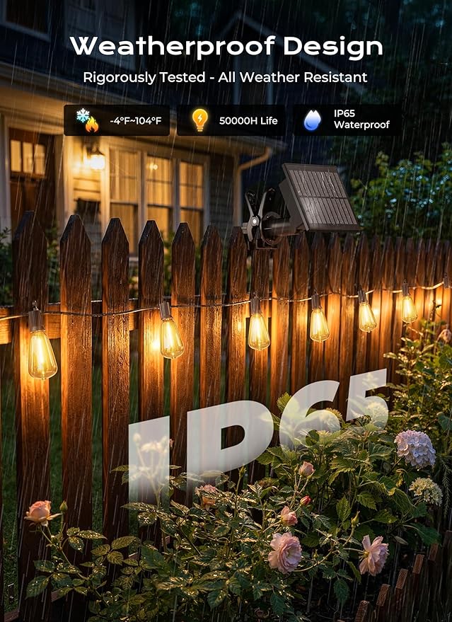 Brightown 52FT Solar String Lights Outdoor Waterproof, Patio Lights with Remote and 15+1 LED Shatterproof Bulbs, Dimmable & Timable, 3 Light Modes, Solar Lights Outdoor for Yard Garden Camping Party
