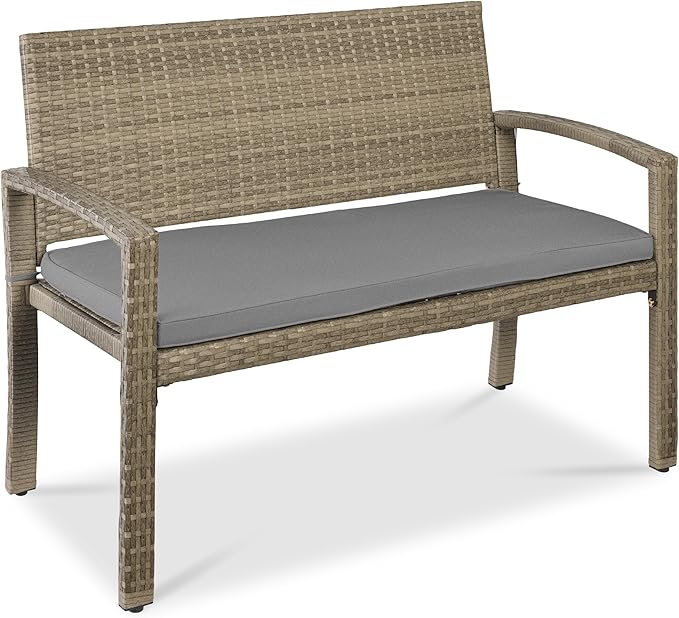 Best Choice Products Outdoor Bench 2-Person Wicker Garden Patio Benches Seating Furniture for Backyard, Porch w/Seat Cushion, 700lb Capacity - Cement Gray/Taupe