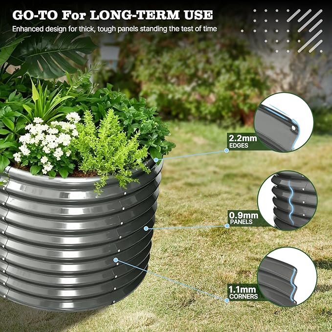 A ANLEOLIFE Set of 6, 30 Inch Extra Tall Galvanized Raised Garden Beds Kit, Large Oval & Round Metal Planters – Ideal for Backyard Vegetables Flowers Herbs, Quartz Grey