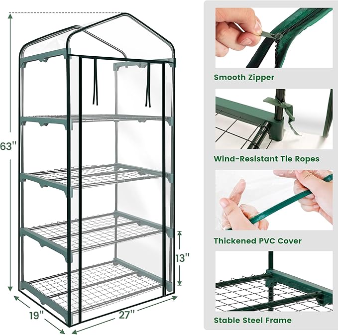 Worth Garden 4 Tier Mini Greenhouse - 63'' H x 27'' L x 19'' W - Sturdy Portable Gardening Shelves with PVC Cover - Small Green House Use in Indoor & Outdoor for Plants Flowers