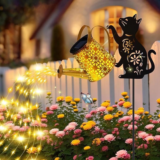 Solar Lights Outdoor Decorative, Watering Can with Cascading Lights, with Cat Silhouette Garden Stakes, Waterproof Metal Garden Decor for Yard Art, Outside, Patio, Lawn 2PACK