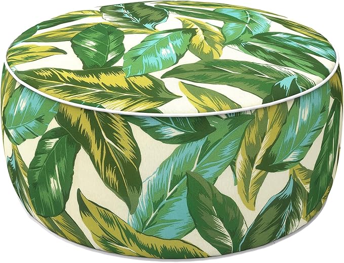 LVTXIII Indoor/Outdoor Inflatable Ottoman with Handle D21 x H9 Inch, Weather-Resistant Round Footstool Pouf for Patio Camping Living Room, Portable Footrest Extra Seating, Lush Leaf Jungle
