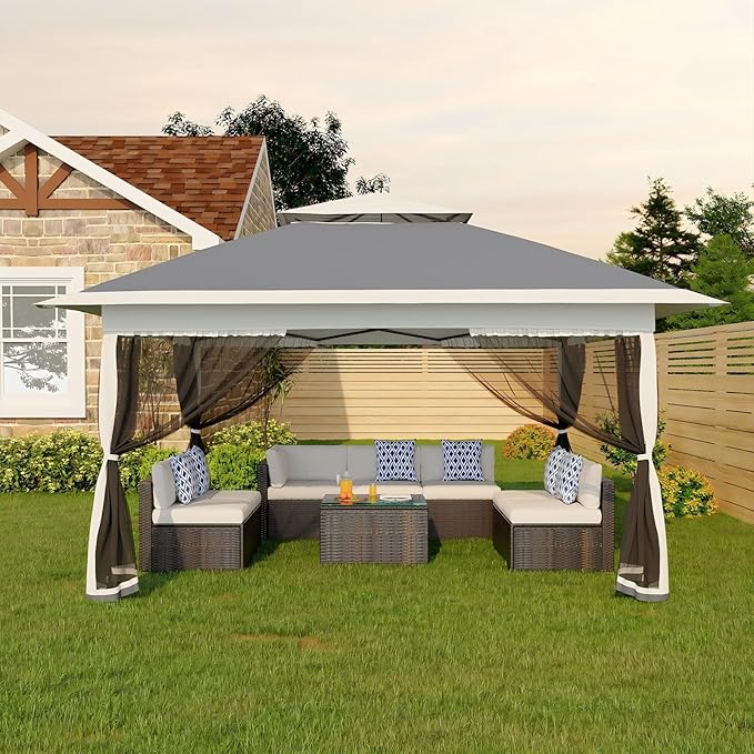 Canopy Tent 12x12 ft, Pop Up Gazebo One-Push Setup with 4 SandBags for Backyard Parties and BBQs, Mosquito Netting & Height Adjustable - Grey