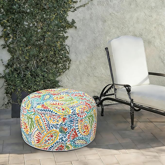 LVTXIII Indoor/Outdoor Extra Large Inflatable Ottoman Pouf D31 x H14 Inch, Round Footstool with Handle, Weather-Resistant Portable Furniture for Patio, Camping, Beach, Paisley Multi