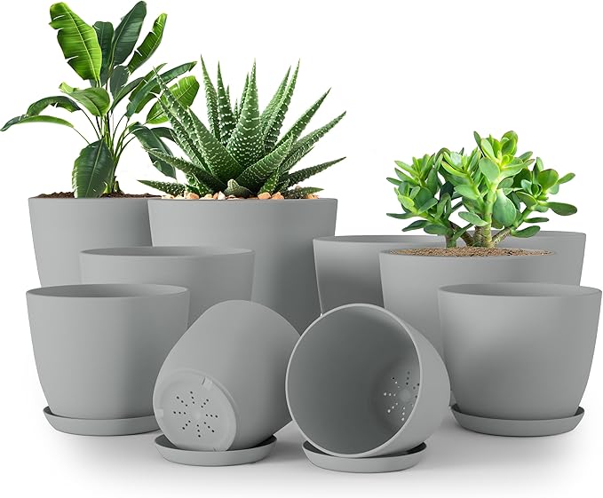 Utopia Home - Plant Pots Indoor with Drainage - 7/6.6/6/5.3/4.8 Inches Home Decor Flower Pots - Pack of 10 Plastic Planters for Indoor Plants, Cactus, Succulents Pot - Grey