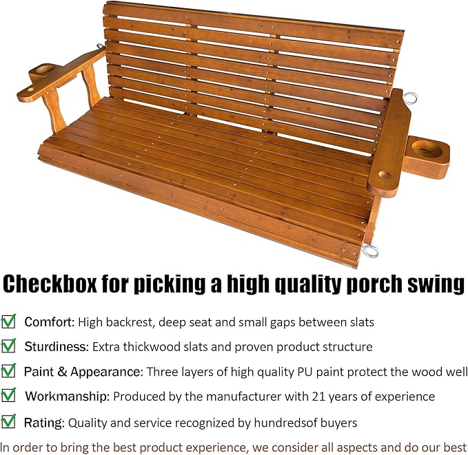 Wooden Porch Swing 3-Seater, Bench Swing with Cupholders, Hanging Chains and 7mm Springs, Heavy Duty 800 LBS, for Outdoor Patio Garden (Warm Teak Color, 5 FT Extra Large)