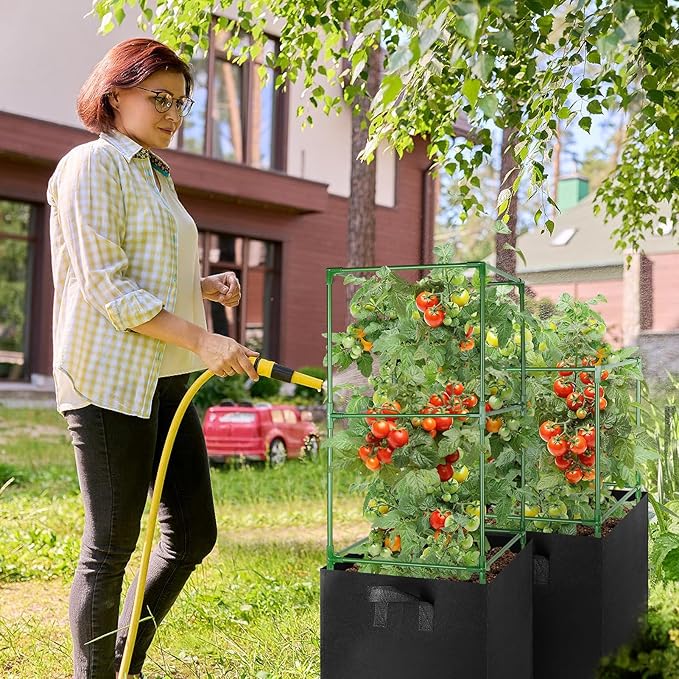 ANPHSIN 3 Sets Tomato Cages with 17 Gallon Grow Bags - 46'' Heavy-Duty Plant Support Trellis Tomato Planter Pots Kit, Garden Vegetables Cucumber Flowers Vertical Climbing Plants Vines