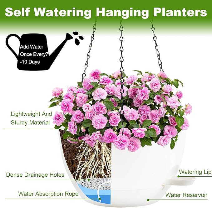10 inch Hanging Planters for Indoor Plants, 3 Pack Self-Watering Hanging Planter Pots with Chain and Drainage Holes, Outdoor Plastic Hanging Baskets for Garden Home Decor (White, 3pcs/10inch)
