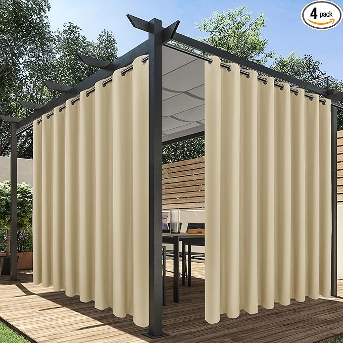 HolidayIdeas Extra Wide Outdoor Curtains for Patio Waterproof, 4 Panels - 110 x 108 Inch - Privacy & Light Filtering Curtains Cream Grommet Outside Curtains for Porch, Gazebo, Pergola, Backyard