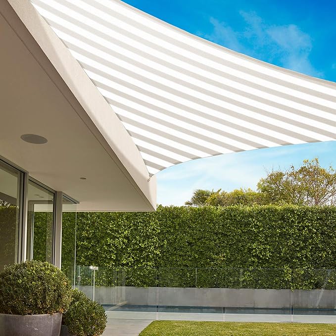 E&K Sunrise 27' x 27' x 27' Sun Shade Sail Triangle Canopy Shade Cover UV Block for Patio Backyard Garden Outdoor (Beige White Strip)