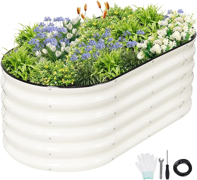 Galvanized Raised Garden Bed - 4x2x1.4FT Metal Planter Boxes Outdoor | Oval Steel Raised Bed Kit for Gardening with Protective Tape, Gloves for Vegetables, Flower, Herb (White)