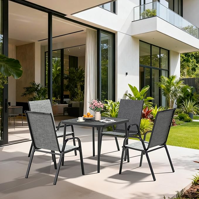 Pamapic Outdoor Dining Sets for 4, Square Steel Slat Table with 4 Textilene Chairs, 5 Piece Patio Table and Chairs Set with Adjustable Umbrella Hole for Patio,Garden, Backyard, and Poolside (Grey)