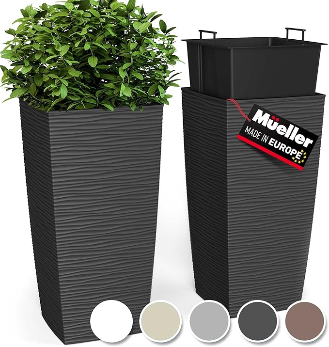 Mueller Janska M-Resin Heavy Duty Tall Planter, Indoor/Outdoor Grande Plant, Tree, Flower Pot, 2-Piece Set, 27.5”, Modern Design, Built-in Drainage, Dark Grey