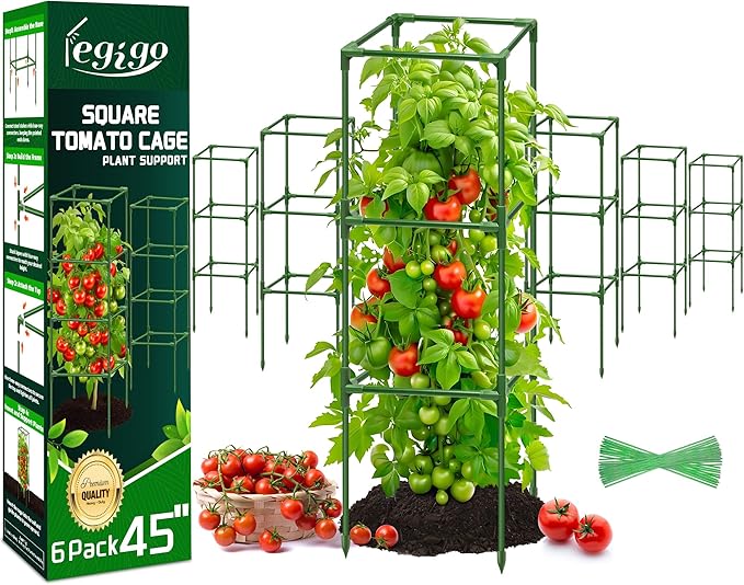Legigo 6 Pack Square Tomato Cages for Garden- Up to 45 Inch Tomato Trellis Plant Cages Support, Tomato Stakes and Supports Cage for Climbing Vegetables Raised Garden Bed Cucumbers Peppers Flowers