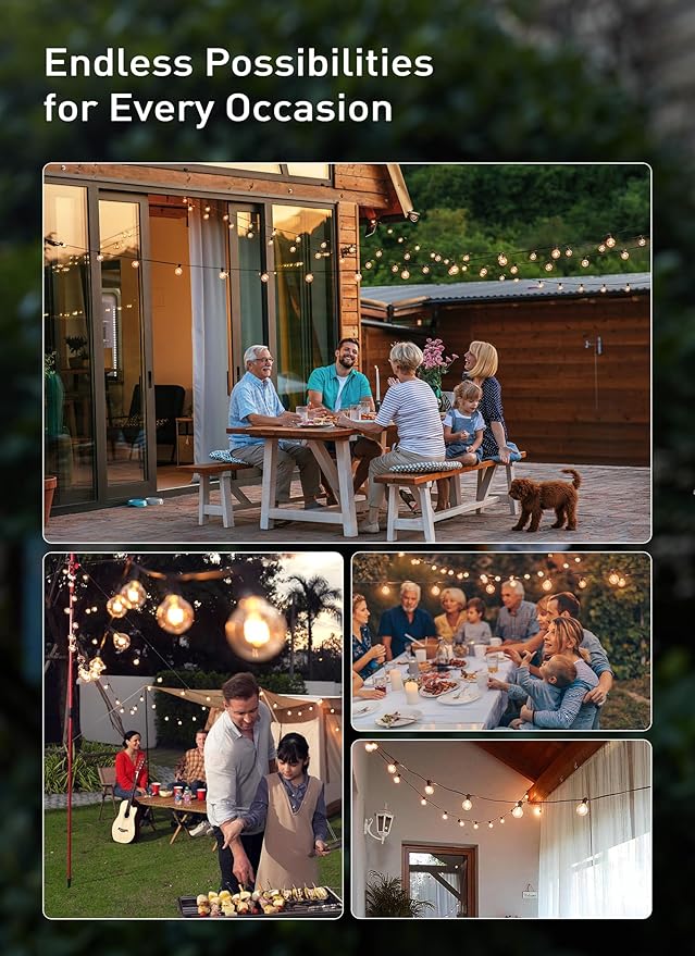 Outdoor String Light 55Feet G40 Globe Patio Lights with 52 Edison Glass Bulbs(2 Spare), Waterproof Connectable Hanging Christmas Lights for Backyard Porch Balcony Party Xmas Decor, E12 Socket, Black