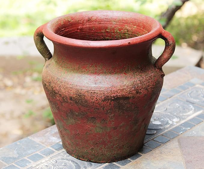 Egyptian Era Designed Earthen Ware Terra-Cotta Vessel/Planter with Looped Handles (Flared Lip Distressed Red Earth)
