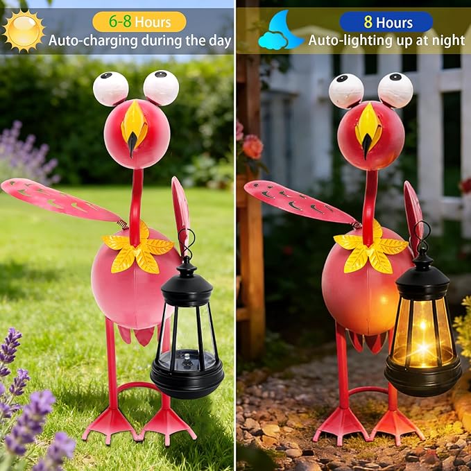 Solar Flamingo Statue with Lights,13in Tall Solar Flamingo Garden Sculptures, Birthday Gift for Woman Grandma Big Metal Decorative for Outdoor Patio Porch Ornaments Lawn Yard Balcony