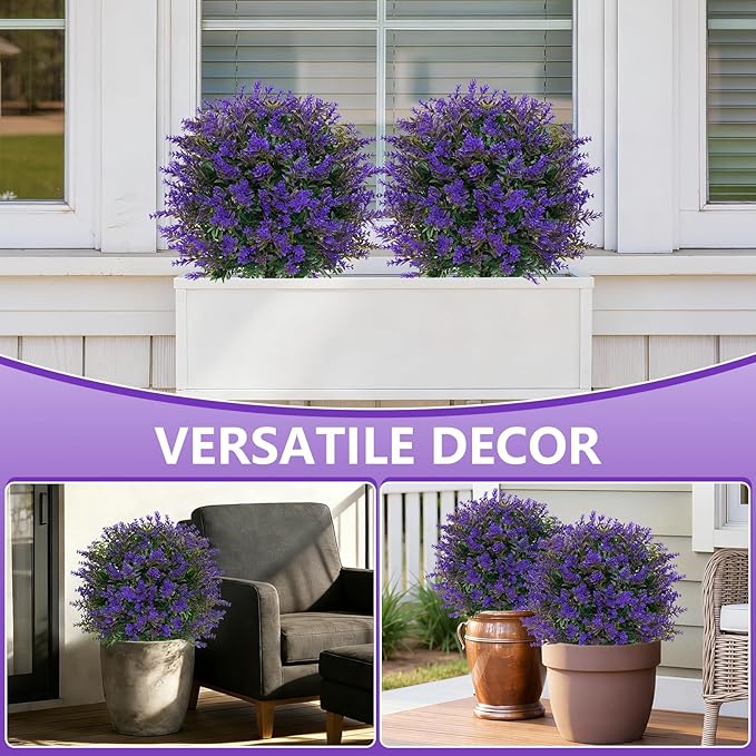 Artificial Lavender Topiary Ball for Outdoors, Set of 2 Boxwood Plant Tree with Spike, Fake Shrubs UV Resistant Faux Plants for Indoor Outdoor Decor