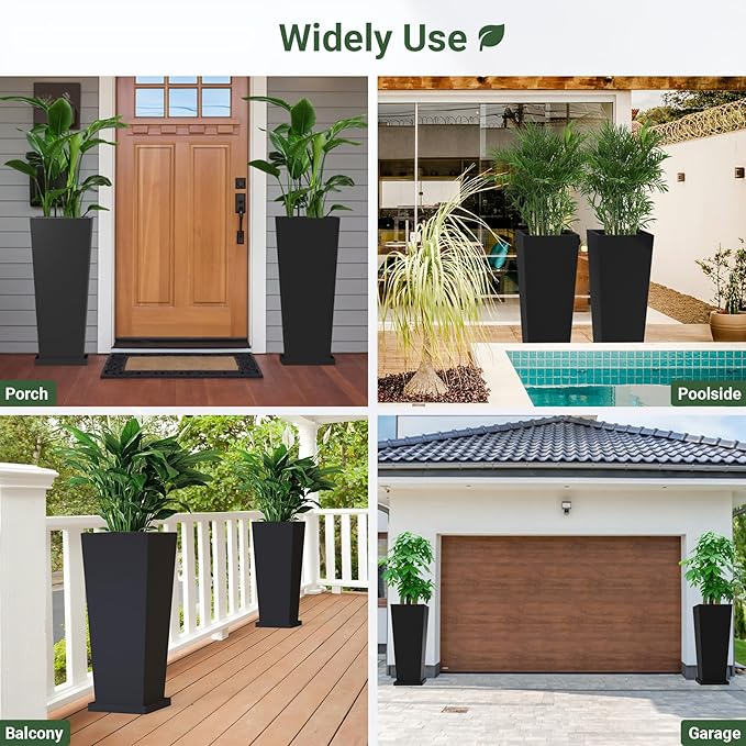 Tall Planters 30" H - 2 Pack, Tapered Pots with Drainage Insert Shelve & Trays, Metal Outdoor Planter Box for Porch, Garden, Patio, Yard (Black)
