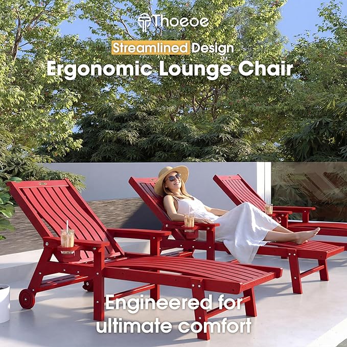 Patio Chaise Lounge Chair, Oversized Lounge Chair Outdoor with 5 Positions, HDPE, Patio Lounge Chair with Wheels & Cup Holder for Pool, Deck, Poolside,Red