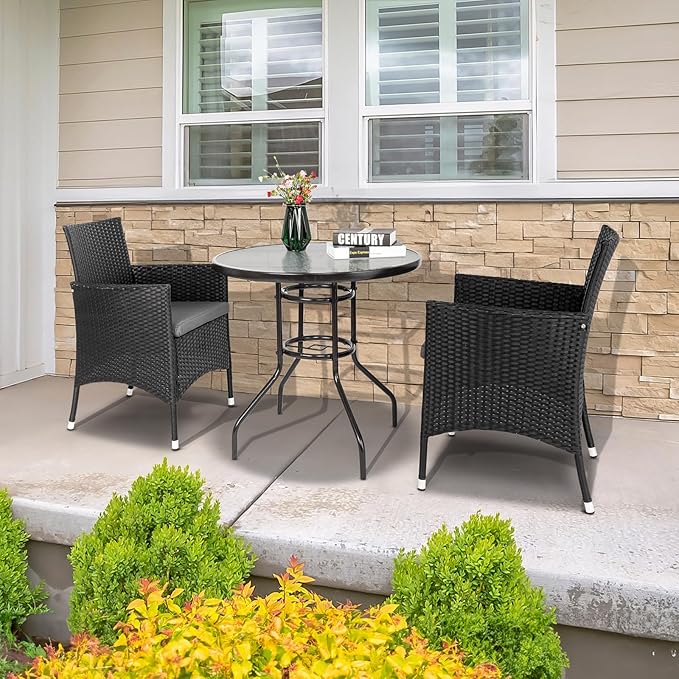 VINGLI Round Patio Table with Umbrella Hole, 32" Outdoor Dining Table Steel Tempered Glass Patio Tables Round Outdoor Tables for Balcony Garden Deck