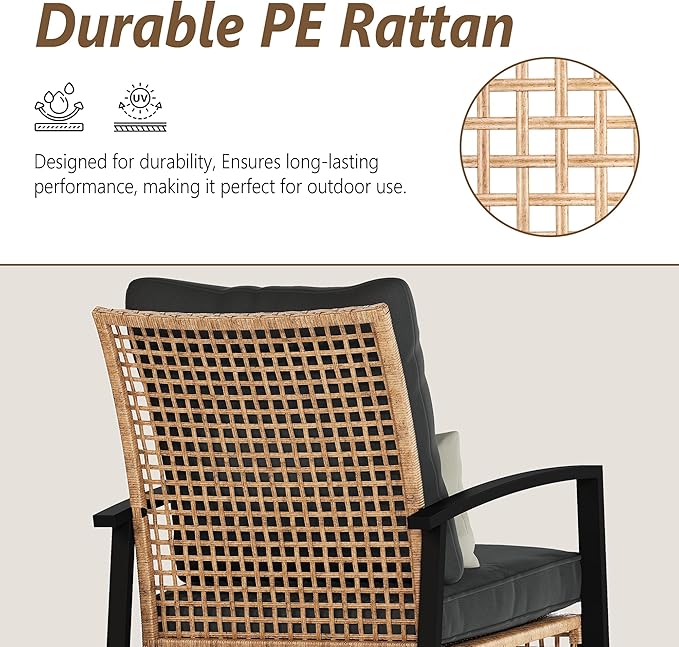 3 Piece Patio Rocking Chairs Set of 2, Outdoor Rocking Chair Bistro Set with Tempered Glass Coffee Table and Thick Lumbar Pillow Set, Front Porch Chairs for Garden, Backyard (Gray Cushion)