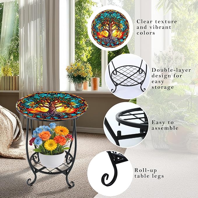 Outdoor Side Table Round Small Mosaic Patio Accent Indoor End Plant Coffee Tea Table for Yard Patio Porch Garden Living Room, Bedroom(Tree of Life Style,12 Inch)