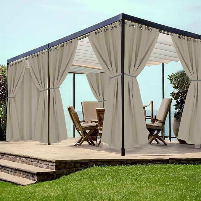 HolidayIdeas Grommet Outdoor Curtains for Patio Waterproof 8 Pcs All Weather Balcony Outside Curtains for Apartments, Gazebo, Pergolas, Porch, 54x84 Inch, Taupe