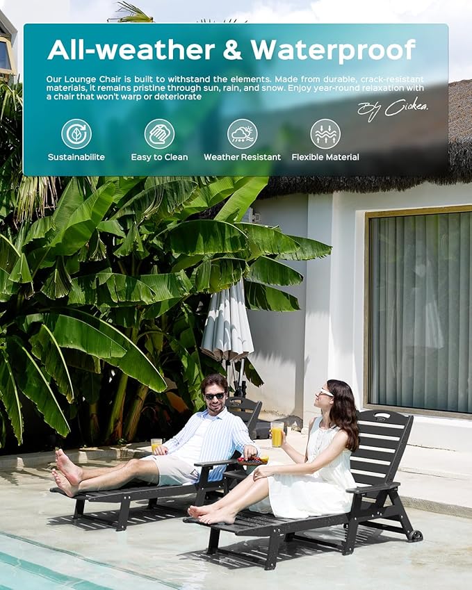Outdoor Lounge Chair Set of 4, All Weather Patio Chaise Lounge Chair for Outside, HDPE Chair with Rolling Wheels & Cup Holder, 5 Position, Deck, Pool, Black