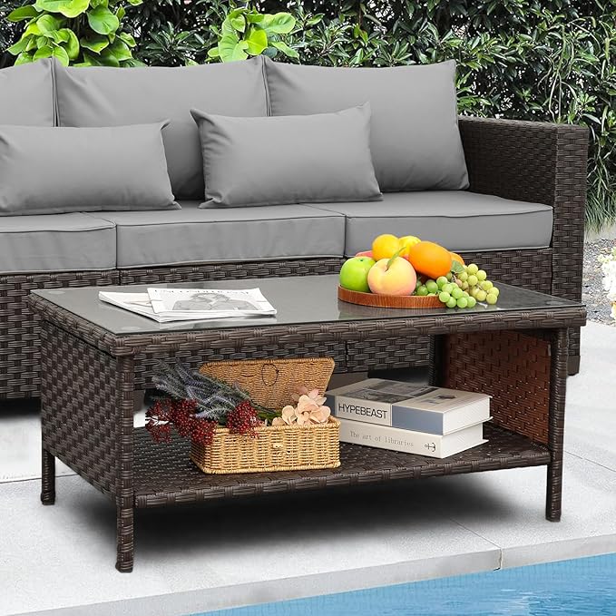 Outdoor Wicker Coffee Table Patio Furniture Garden Rattan 2-Layer Glass Table with Storage and Furniture Cover, Brown
