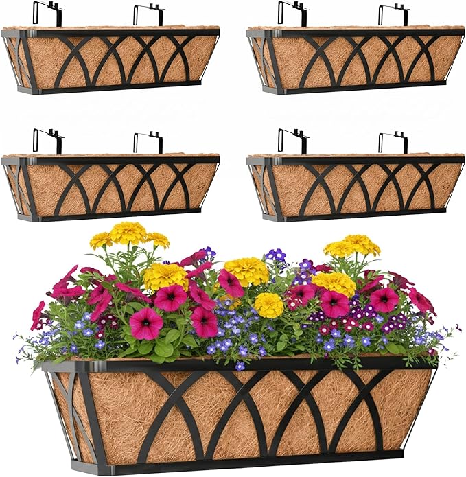 Window Deck Railing Planters Boxes with Coconut Liner, The Bottom Flat Window Boxes Planters Flower Boxes Metal Black Balcony Planter Railing Hanging for Outdoor Fence Porch Patio Lawn(4Pcs 30 Inch)