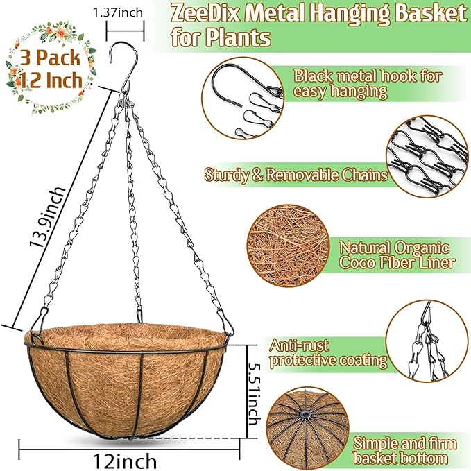 ZeeDix 12 Inch Hanging Baskets for Plants Outdoor - 3 Pack Hanging Planters with Coconut Liners, Metal Round Hanging Planter for Flowers Vegetables