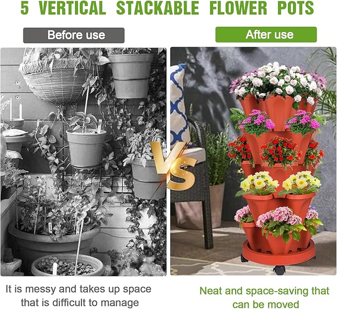 Vertical Strawberry Planter 5 Tier Stackable Tower Herb Planters Stacking Outdoor Garden Planters Pot With Tools Mover For Growing Flowers, Vegetables and Succulents