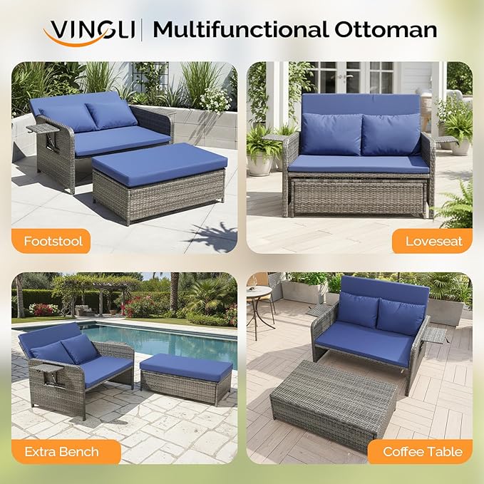 VINGLI Patio Daybed, Wicker Outdoor Daybed with Storage Ottoman & 5-Level Adjustable Backrest, All-Weather Rattan Cushioned Patio Loveseat Sofa for Garden Balcony Backyard (Navy, Gray)