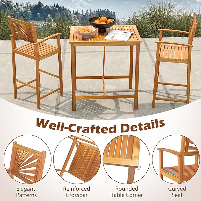 Tangkula 3 Piece Patio Bar Table & Chairs, Outdoor Acacia Wood Bar Set w/Slatted Seat & Tabletop, Wood Dining Bar Set w/Backrest, Armrests & Footrest for Backyard, Poolside, Balcony