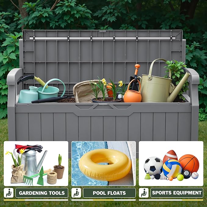 Flamaker 80 Gallon Storage Bench Outdoor Indoor, Durable All-Weather Seating with Hidden Storage, Lockable Deck Box for Garden, Patio, Poolside (Grey)