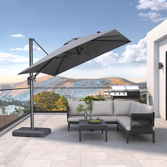PURPLE LEAF Patio Umbrella 8' X 8' Rectangle Cantilever Umbrella Large Aluminum Outdoor Umbrellas with 360-degree Rotation & UPF40+ Premium Fabric for Deck Pool Garden Yard, Mist Grey