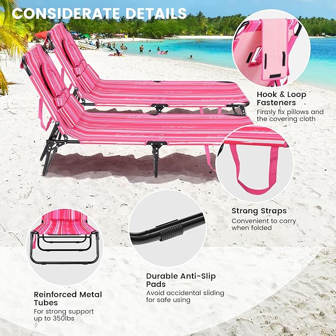 GYMAX Tanning Chair, 350lbs Beach Lounge Chair with Face Hole, Washable Pillow & Carry Strap, Adjustable Folding Chaise Lounge, Layout Lounger for Outside, Patio, Poolside, Lawn (1, Pink Stripe)