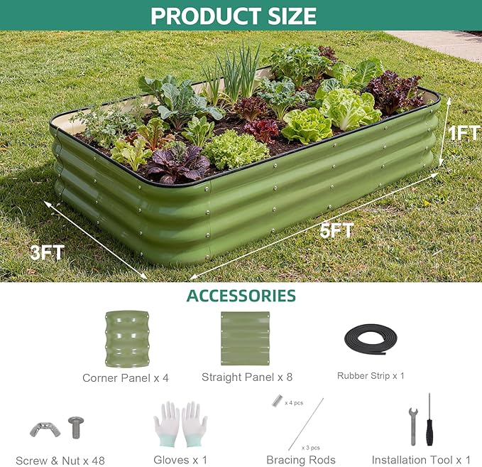 4 in 1Galvanized Raised Garden Bed - 5x3x1ft Modular Garden Planter Bed Outdoor | Steel Raised Bed Kit with Bracing Rods, Gloves for Gardening Vegetables Fruits and Flowers (Green)