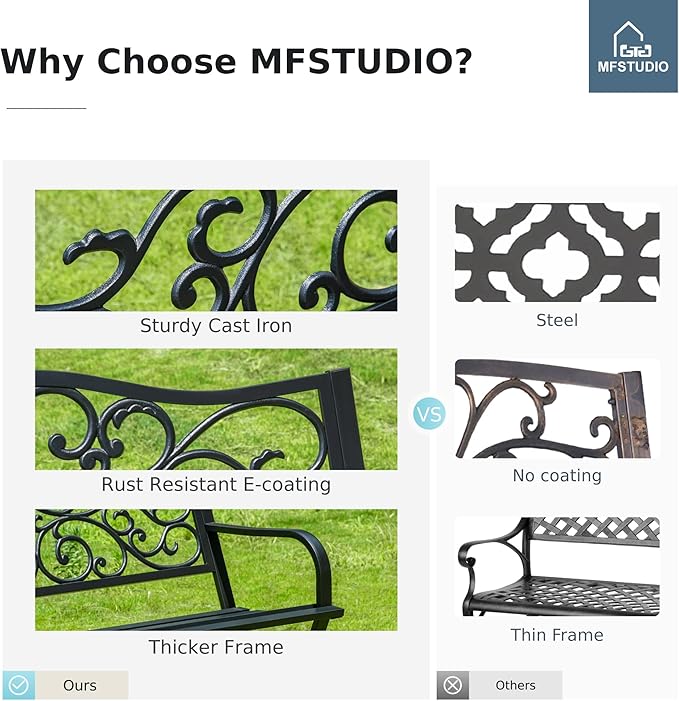 MFSTUDIO 50 Inches Outdoor Garden Bench, Cast Iron Metal Frame Patio Park Bench with Floral Pattern Backrest, Arch Legs for Porch Lawn Garden Yard(Black)
