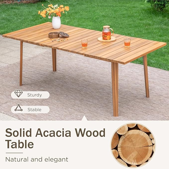 PHI VILLA 9 Pieces Acacia Wood Outdoor Dining Set for 8, Teak Rectangle Wooden Table & Chairs with Wicker Seat and Back, Farmhouse Dining Furniture Set for Patio, Deck, Yard, Porch