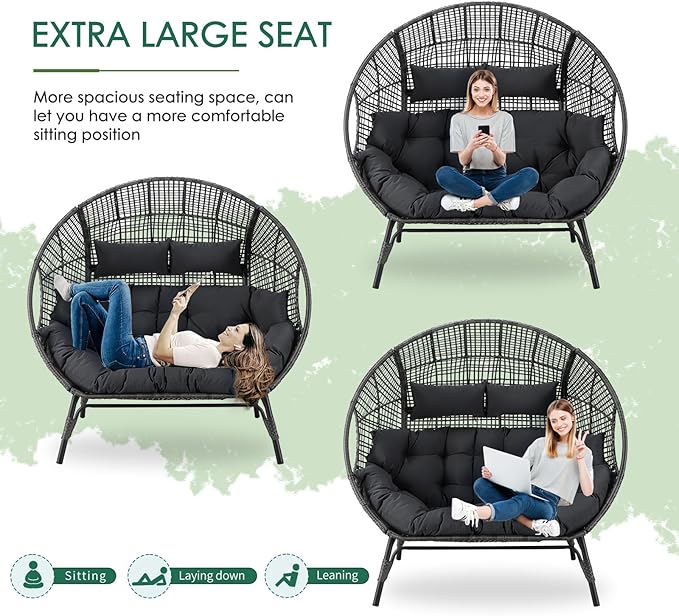 NICESOUL® Double Egg Chair Indoor Outdoor Stationary Oversized 6.5" Thick Padded Cushions,2 Person Wicker Egg Loveseat Chair,680 lbs Extra Wide Lounge Chair for Patio Balcony Porch Gray with Cover