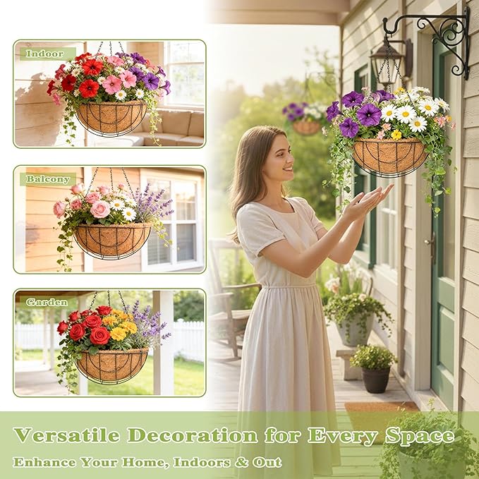 4 Pack 14 Inch Hanging Baskets for Plants Outdoor Metal Hanging Planter Hanging Flower Baskets with Coco Fiber Liners Chain Round Wire Plant Holder Hanging Flower Pots(Flower Border)