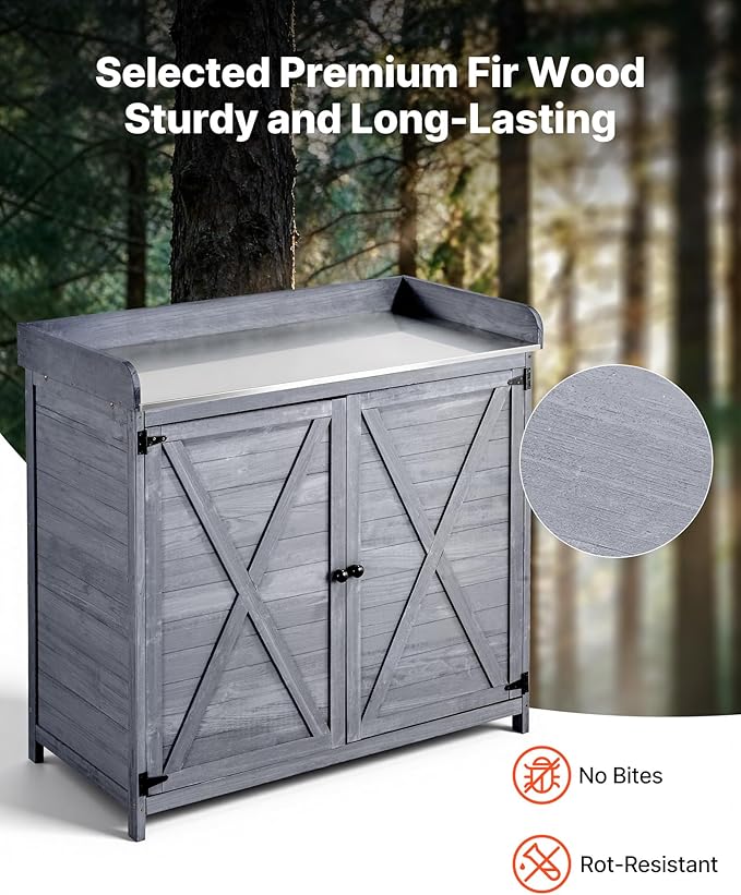 VEVOR Potting Bench Table, Outdoor Gardening Wooden Storage Cabinet with 39 x 19 in Wood Tabletop, Garden Planting Workstation with Large Storage Space for Patio, Backyard, Gray