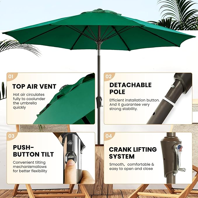 Ayge 9FT Large Outdoor Patio Umbrella Market Table Umbrella-UV Resistant, Easy Push Button Tilt and Crank, 8 Sturdy Fiberglass Ribs Heavy-Duty Pool Umbrella for Deck, Backyard,Garden,Green