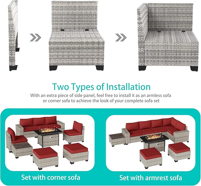9-Piece Outdoor Patio Furniture Set with 55,000 BTU Fire Pit Table, PE Wicker Rattan Sectional Sofa Patio Conversation Set with Ottomans & Coffee Table, Red