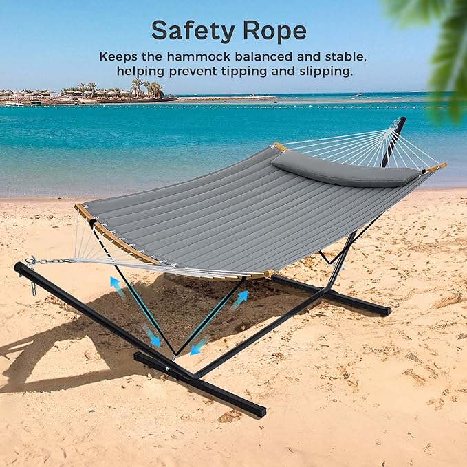 SUPERJARE Hammock with Stand, 2 Person Heavy Duty Hammock Frame, Detachable Pillow & Strong Curved-Bar & Portable Carrying Bag, Perfect for Outdoor & Indoor - Gray